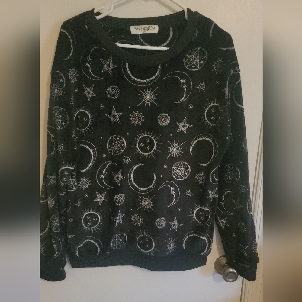 Wound Up Black Sweatshirt with Celestial Print Moon Stars Witchy